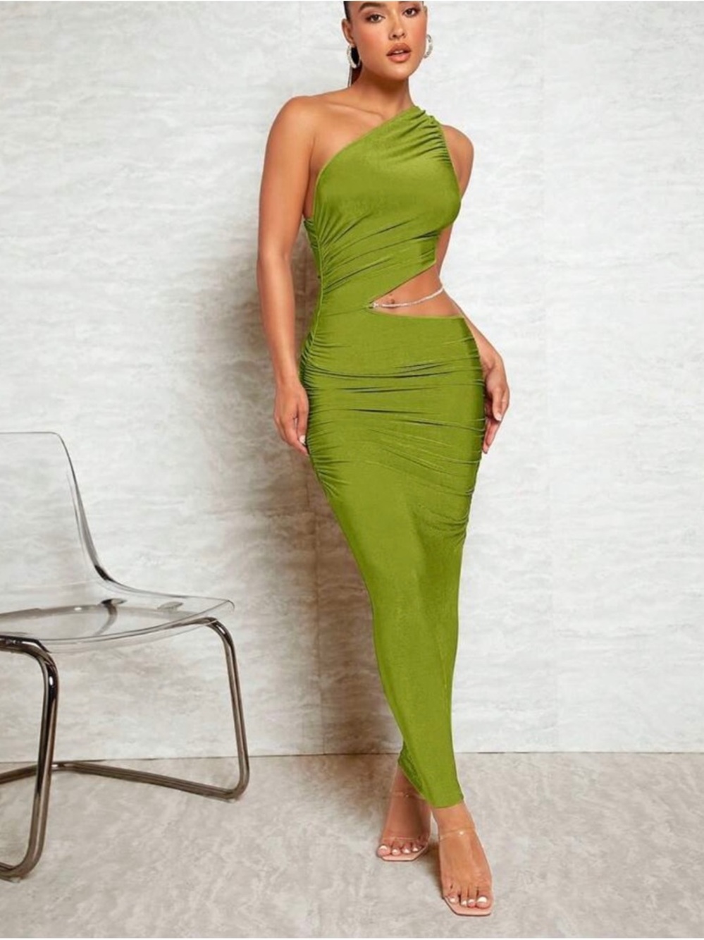 One-Shoulder Olive Green Cutout Bodycon Dress - Women